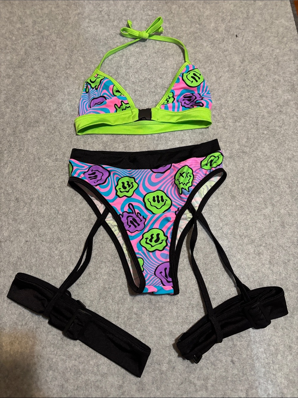 Rolita Couture Smiley Trippy Psychedelic Rave Set - Neon Green, Purple, Garters
